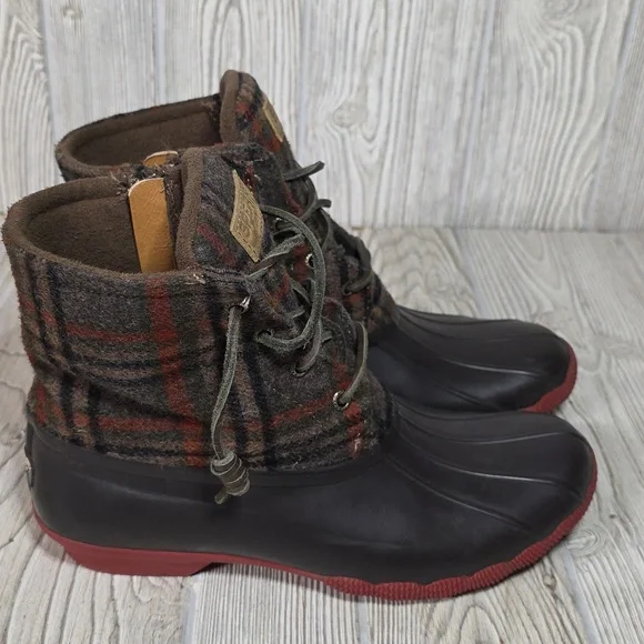 Sperry Saltwater Brown Plaid Duck Boots Womens Size 9 - Picture 2 of 14